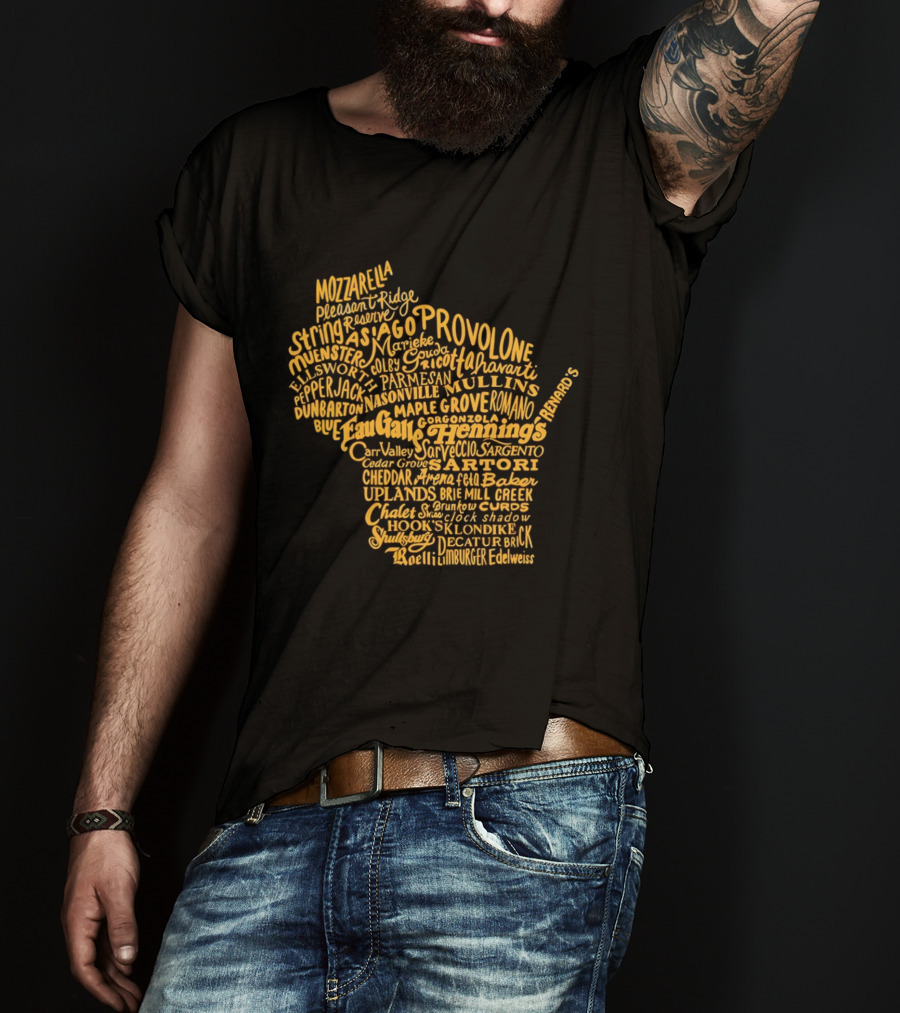 Wisconsin Cheese Map Eau Galle Cheddar Provolone Mozzarella Gouda Asiago Parmigiano Ullands T-Shirt