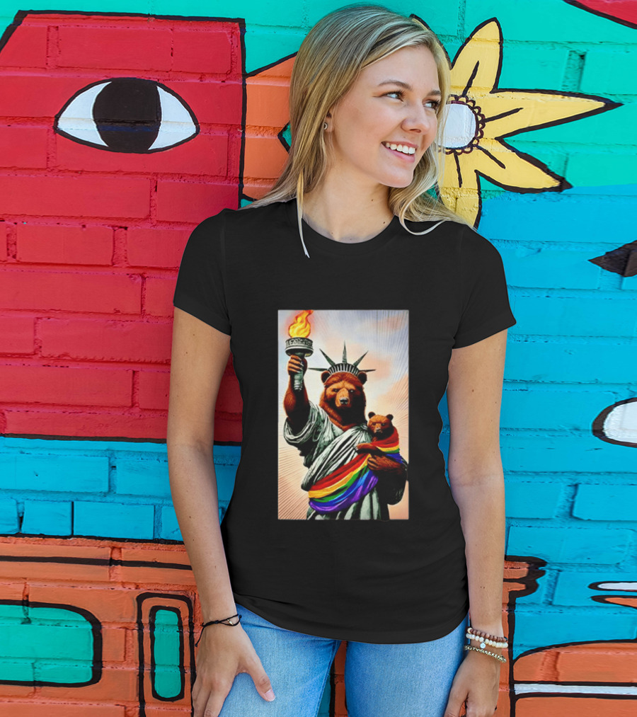 Bear Statues Liberty Rainbow Pride Torch T-Shirt