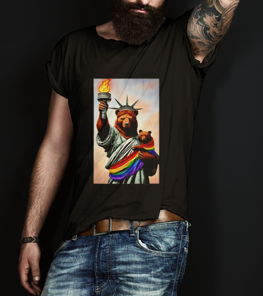 Bear Statues Liberty Rainbow Pride Torch T-Shirt