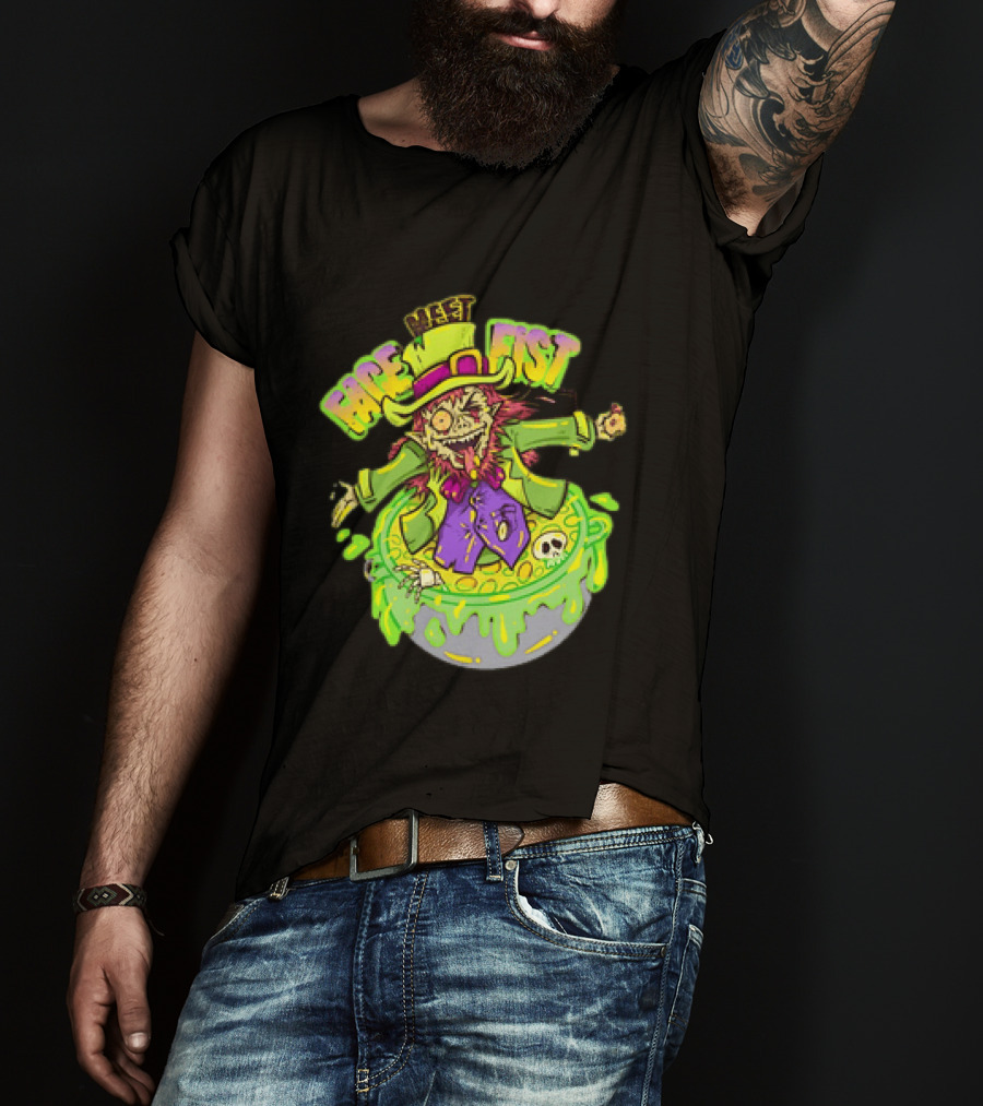 Face Meet Fist Leprechaun St Patrick's Day Cauldron Green Slime Skull T-Shirt