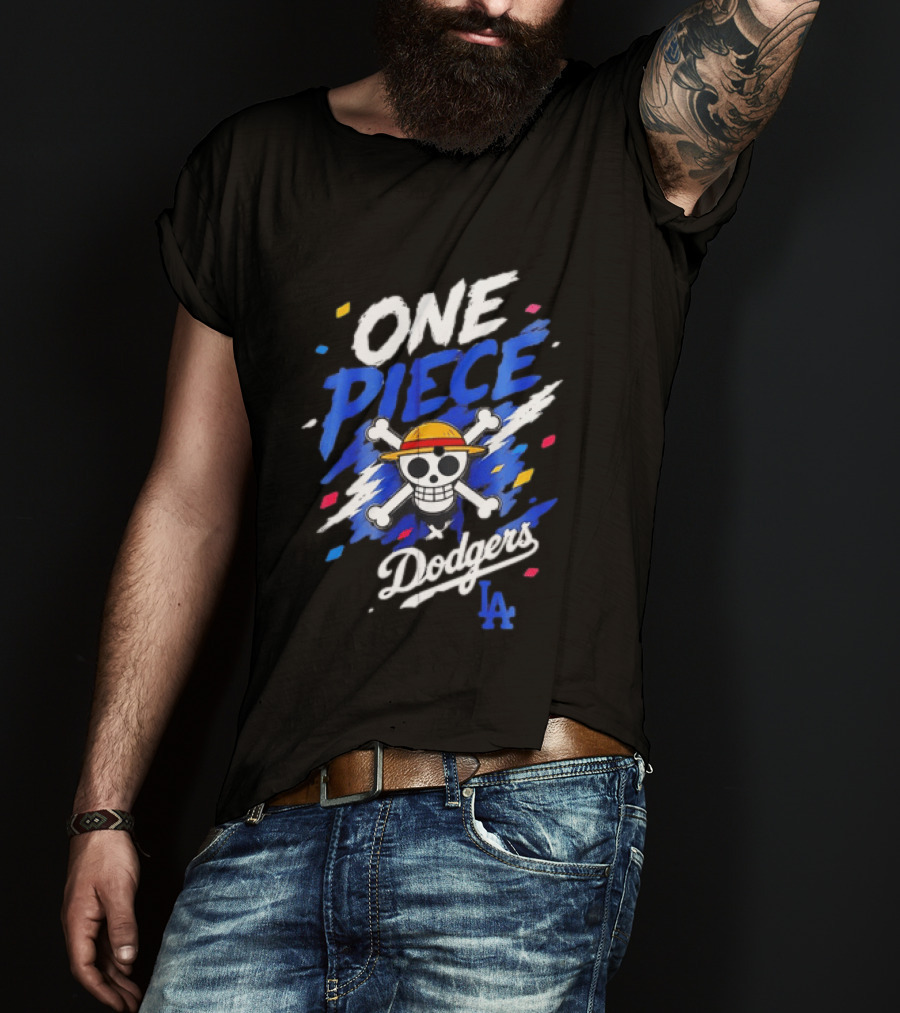 One Piece Dodgers LA Crossover With Jolly Roger And Straw Hat T-Shirt