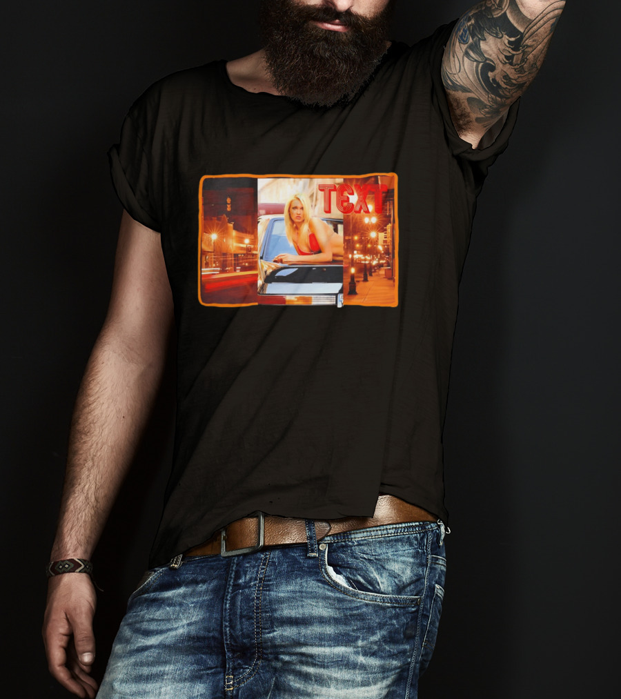 Blonde Woman In Red Bikini Leaning On Car At Night With Neon City Lights T-Shirt