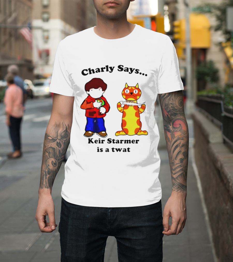 Charly Says Keir Starmer Is A Twat Comic Retro Style Cat And Kid T-Shirt