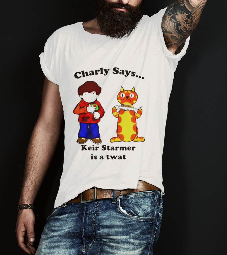 Charly Says Keir Starmer Is A Twat Comic Retro Style Cat And Kid T-Shirt
