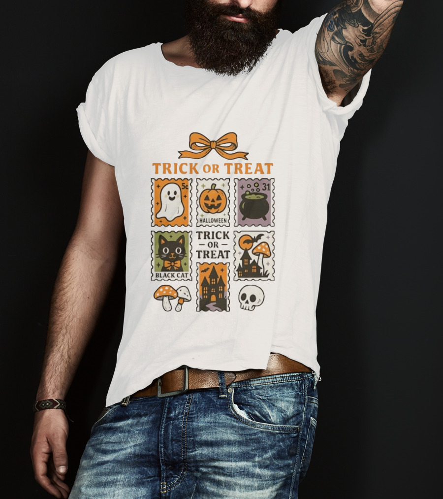 Trick Or Treat Halloween Ghost Pumpkin Cauldron Black Cat Haunted House T-Shirt