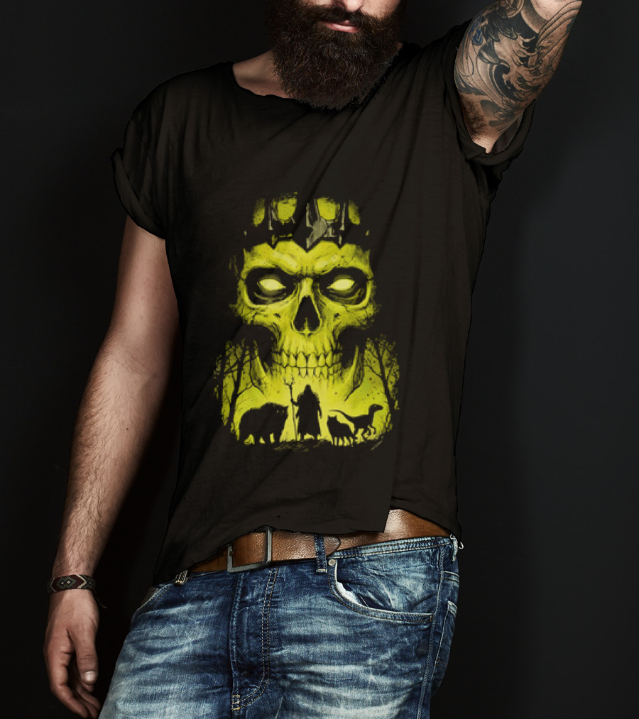 Lych Vs Druid Fantasy Dark Necromancer Skull T-Shirt
