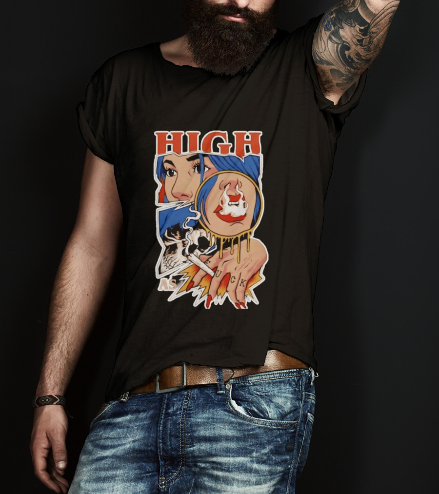 High As Fuck Smoking Skull Woman With Blue Hair And Tattooed Hand T-Shirt