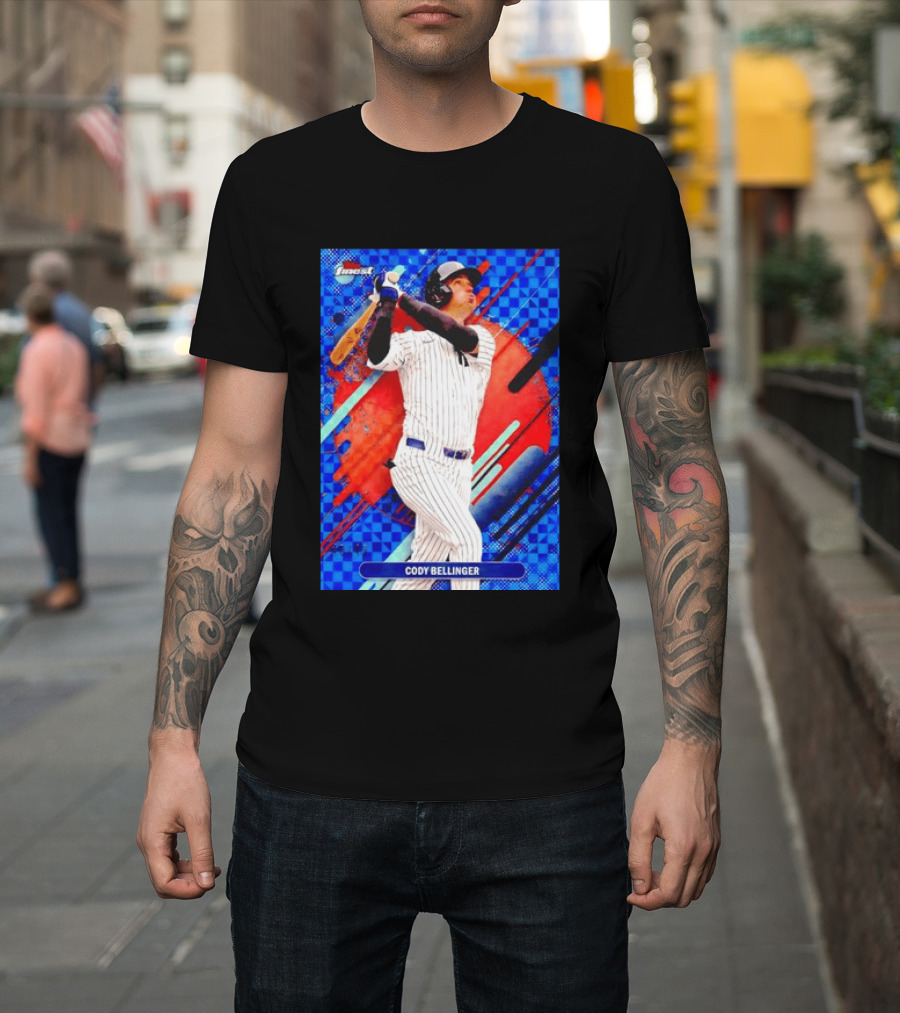 Cody Bellinger Topps Finest Baseball Card Blue Checkered Background Batting Pose T-Shirt