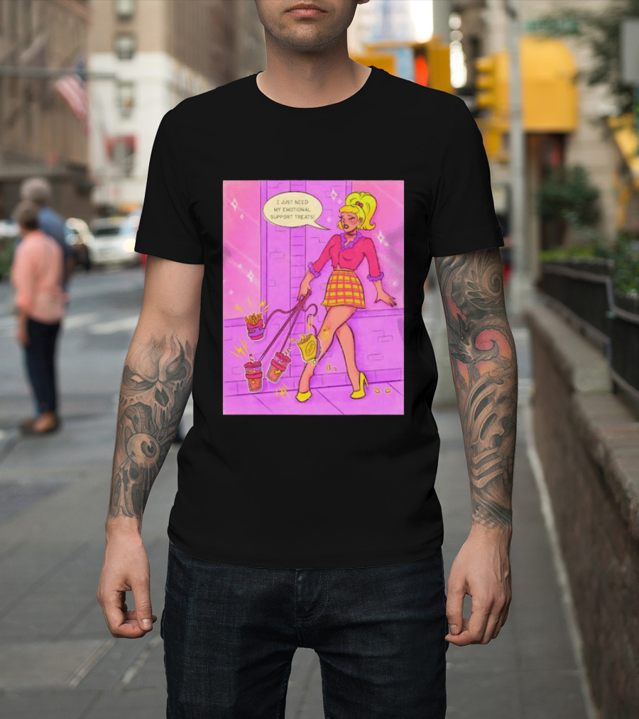 I Just Need My Emotional Support Treats Comic Style Girl With Drinks And Fries T-Shirt
