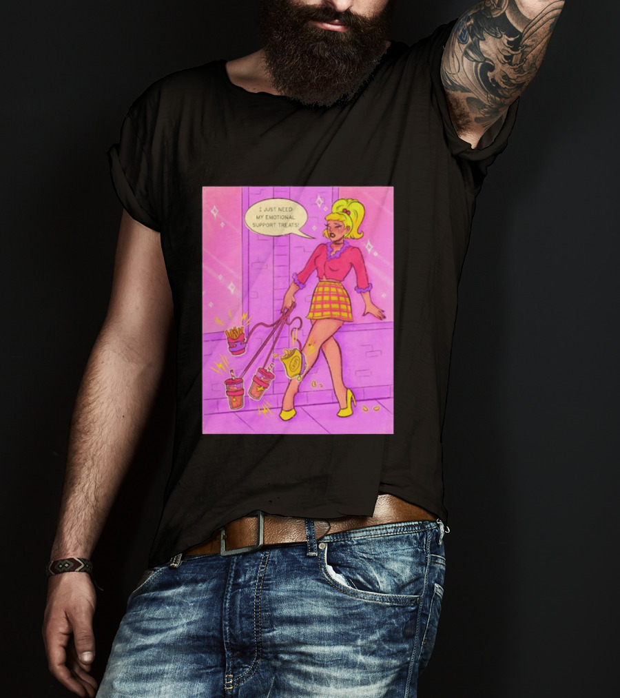 I Just Need My Emotional Support Treats Comic Style Girl With Drinks And Fries T-Shirt