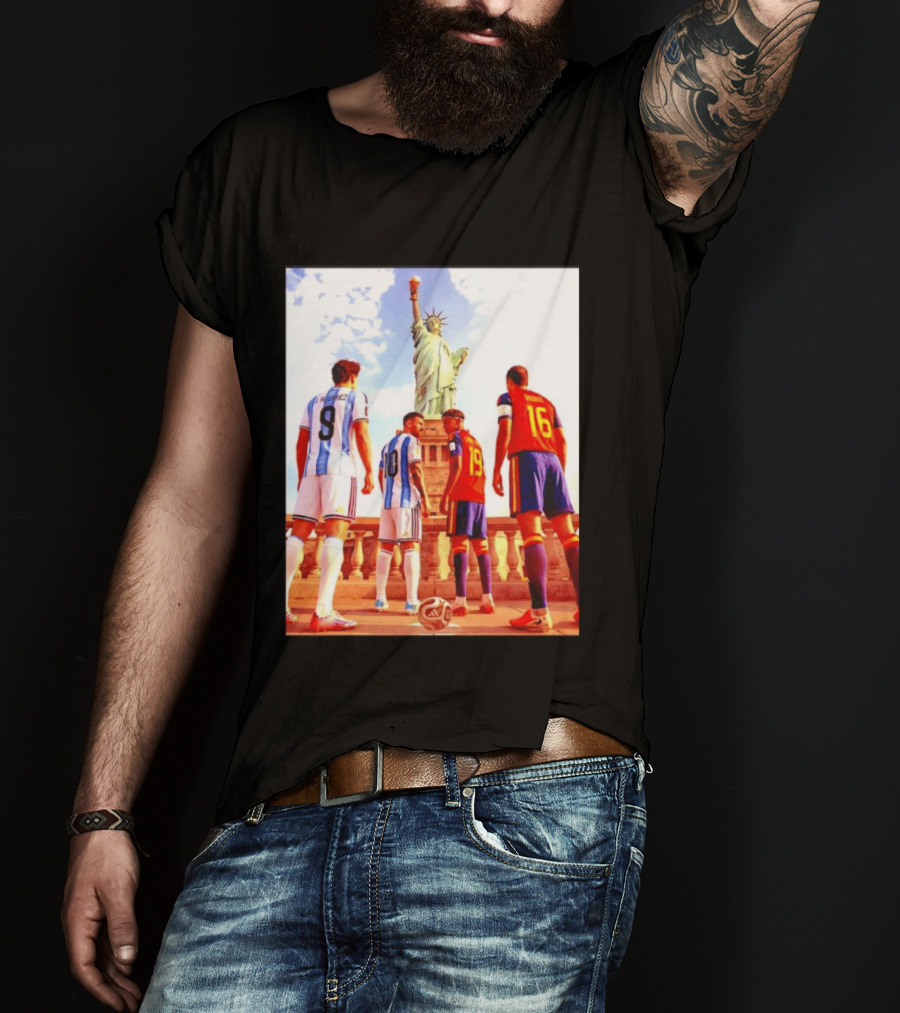Lionel Messi J Alvarez Lamine Yamal Rodrigo Football Statue Of Liberty Argentina Spain Soccer T-Shirt