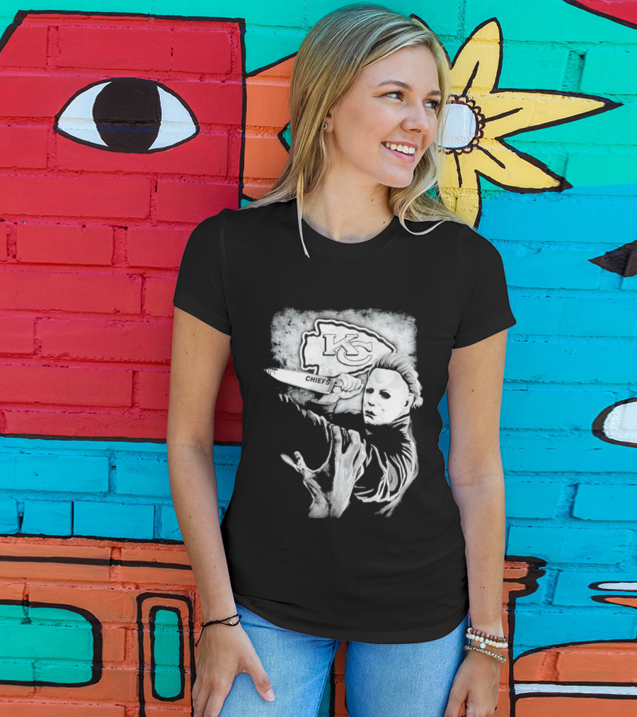 Michael Myers Holding Knife With KC Chiefs T-Shirt