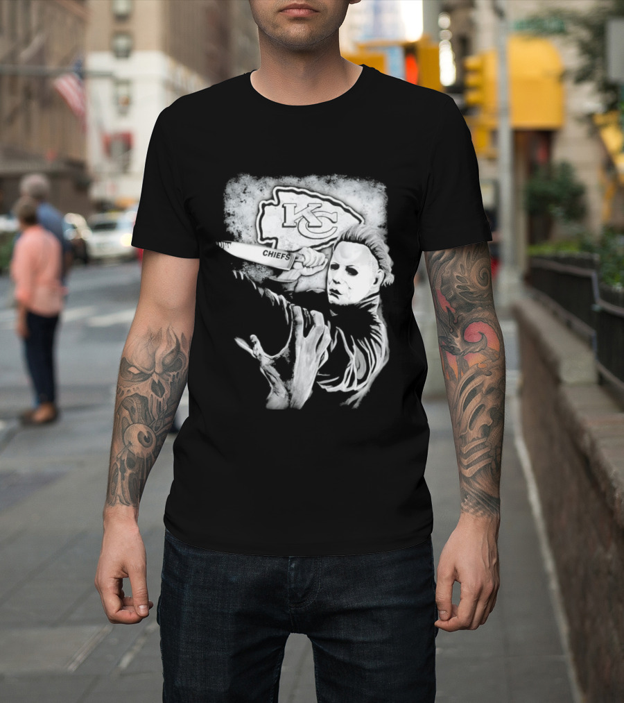 Michael Myers Holding Knife With KC Chiefs T-Shirt