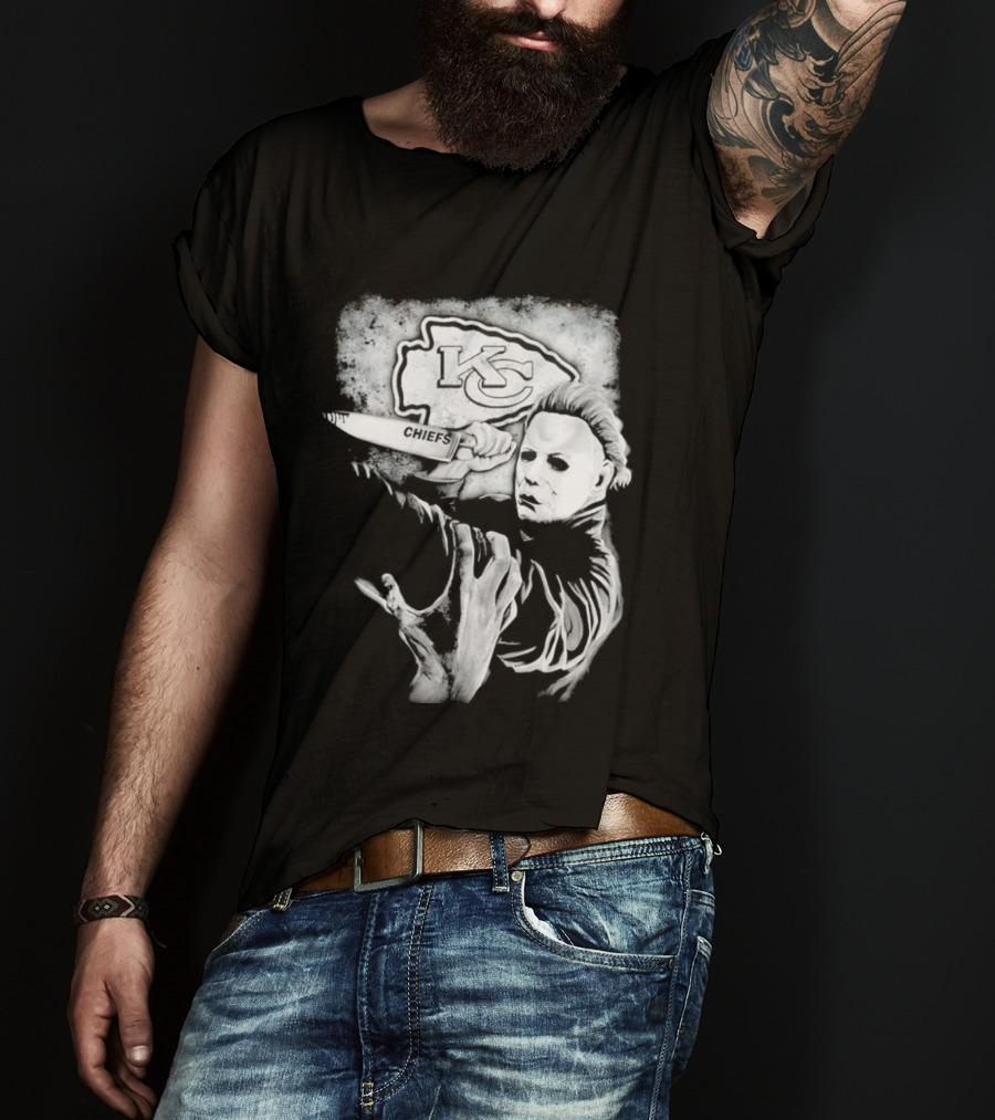 Michael Myers Holding Knife With KC Chiefs T-Shirt