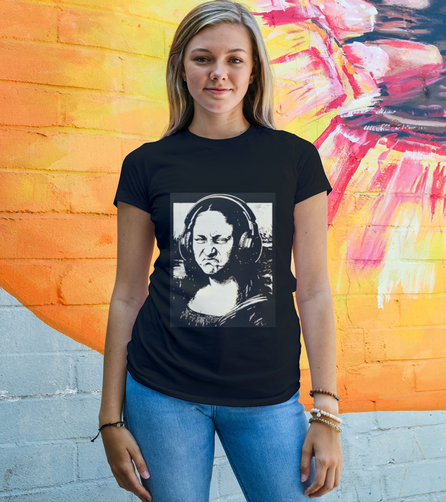 Mona Lisa Headphones Grumpy Expression Fusion T-Shirt