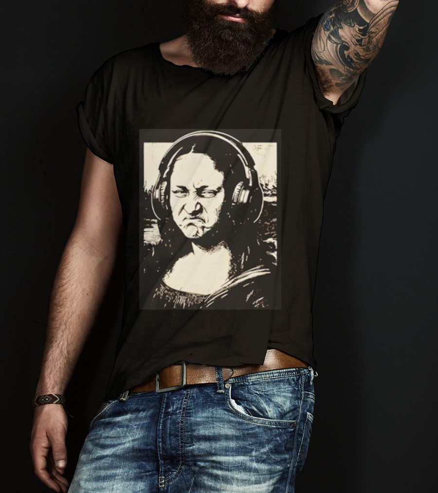 Mona Lisa Headphones Grumpy Expression Fusion T-Shirt