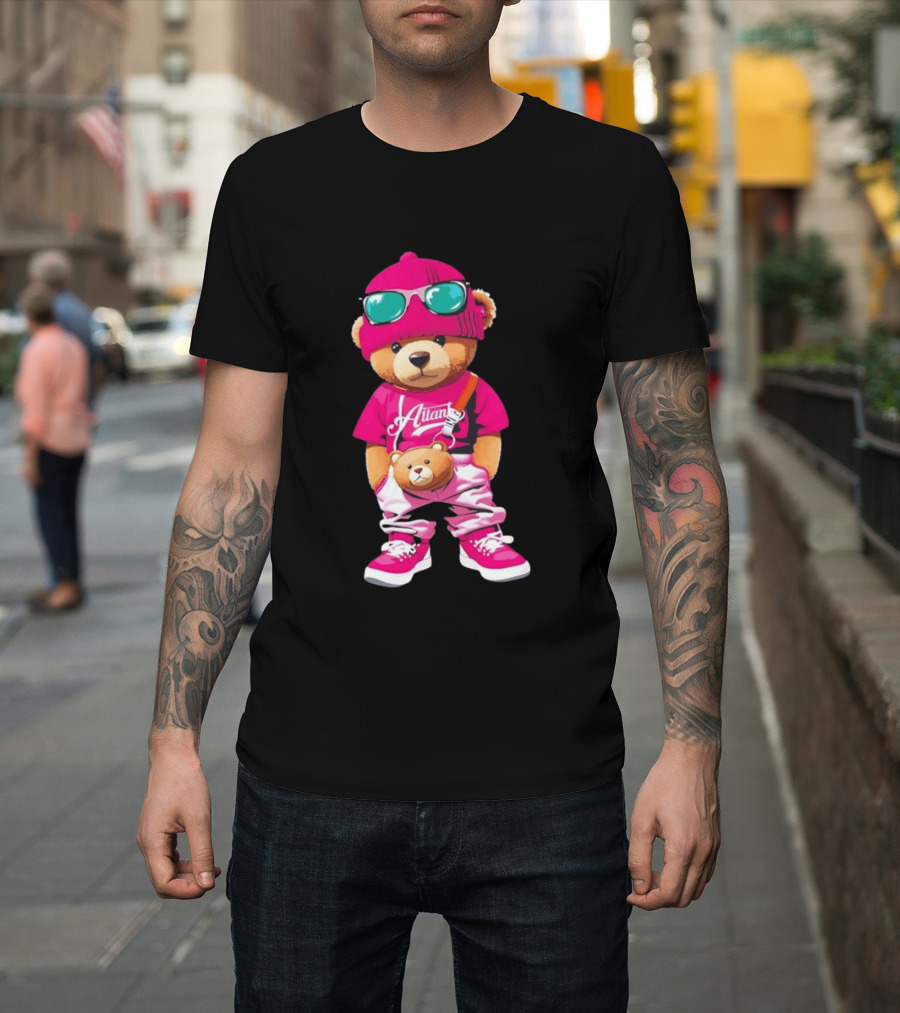 Ailan Teddy Bear Stylish Streetwear Outfit Pink Beanie Sunglasses And Bear Bag T-Shirt