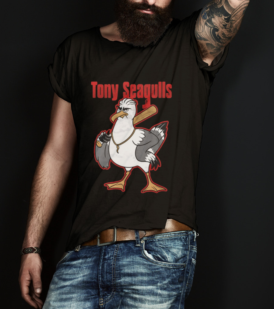 Tony Seagulls Baseball Cartoon Character With Bat T-Shirt