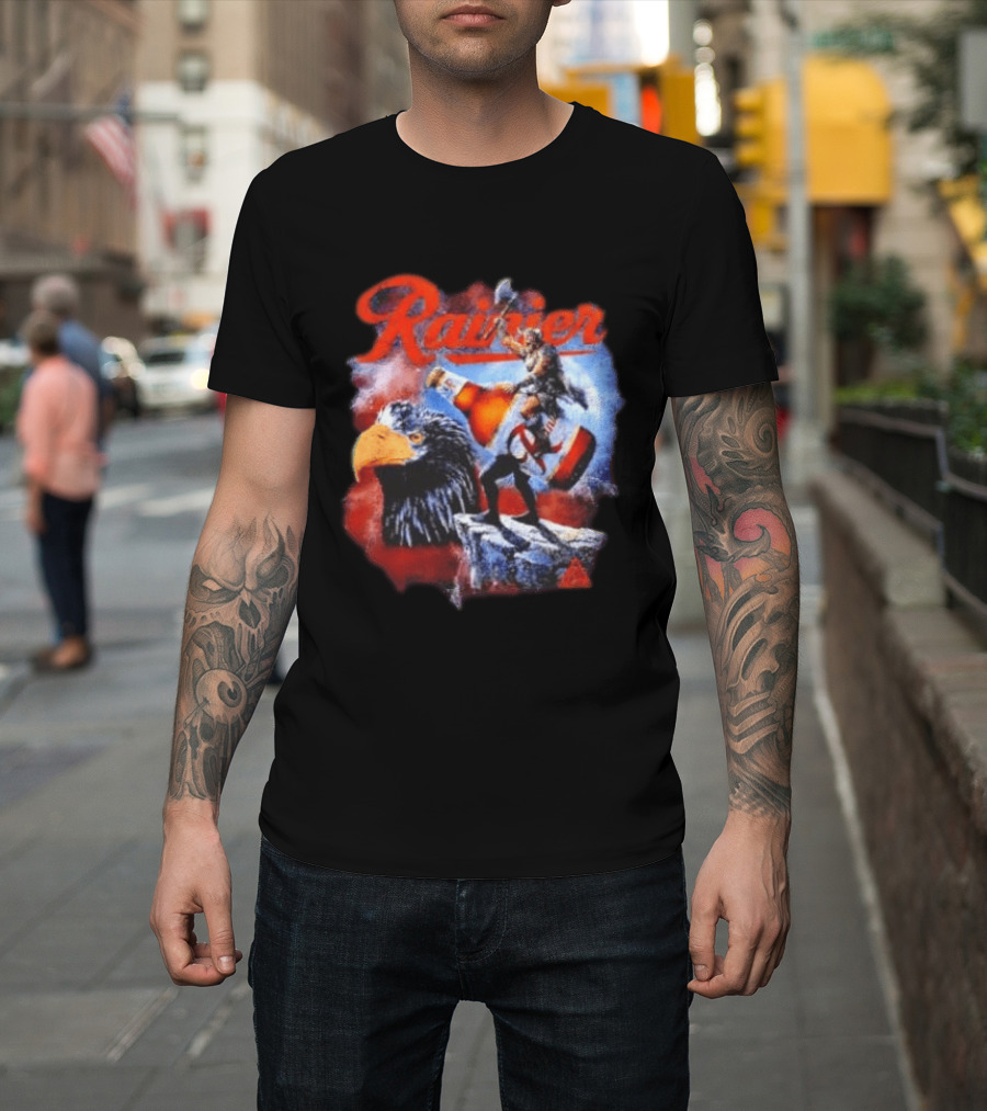 Rainier Beer Viking Holding Beer Riding Eagle On Rock T-Shirt