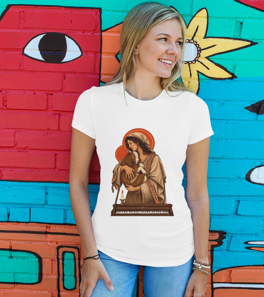 Woman Embracing Goat With Candle And Piano Halo T-Shirt