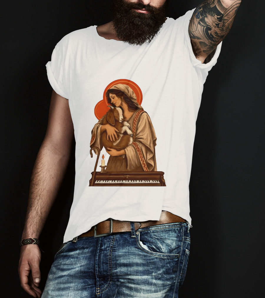 Woman Embracing Goat With Candle And Piano Halo T-Shirt