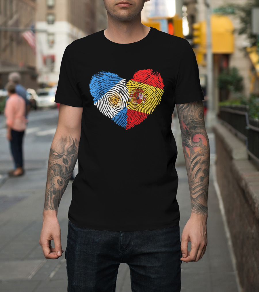 Half Spain Half Argentine Heart Fingerprints Flags Spain Argentina T-Shirt