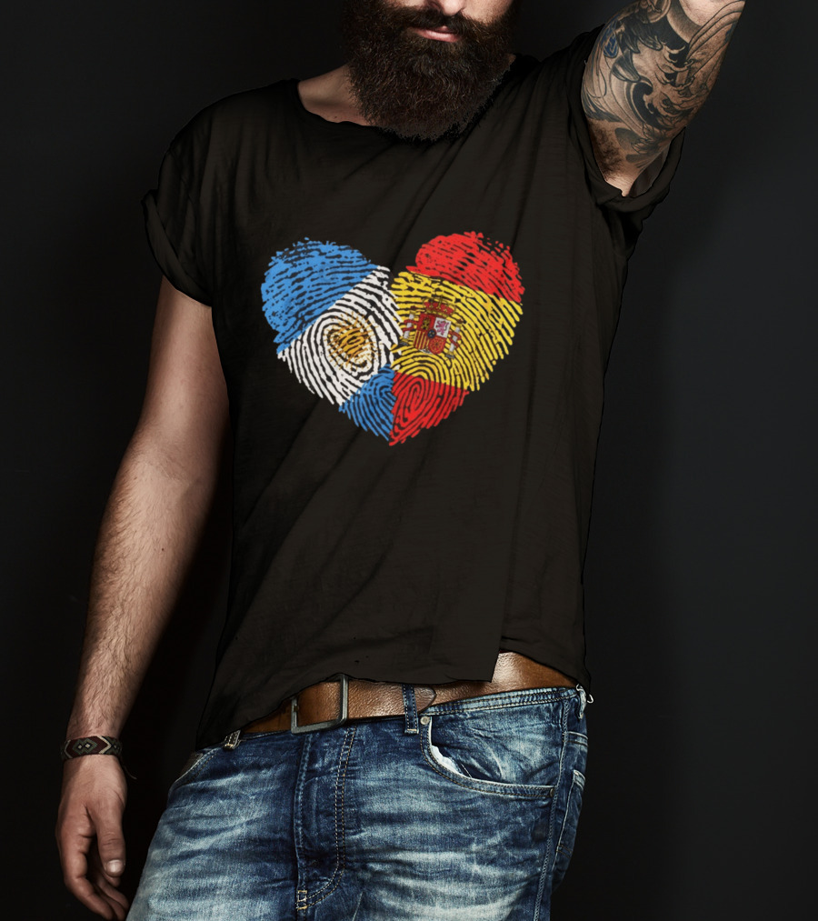Half Spain Half Argentine Heart Fingerprints Flags Spain Argentina T-Shirt