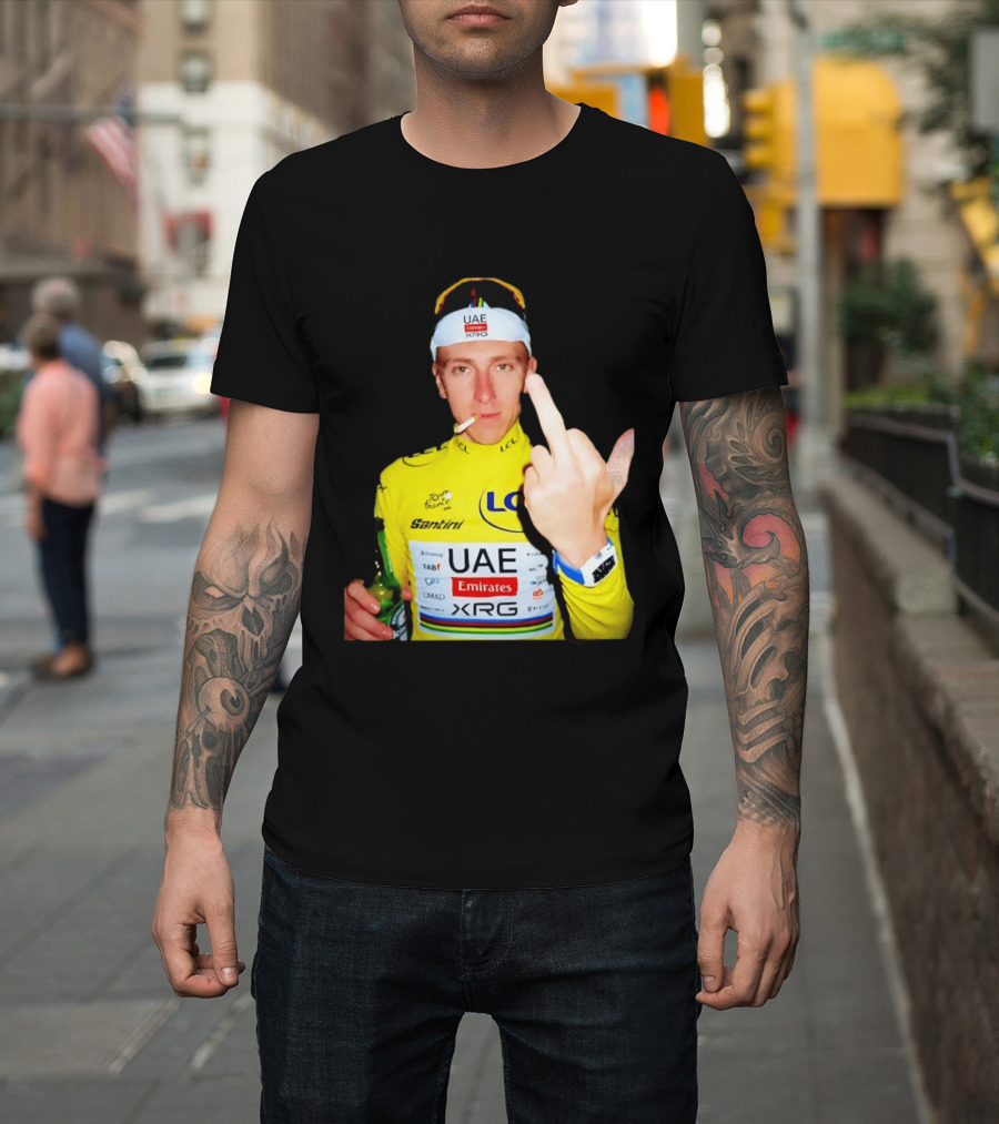 Tadej Pogačar Yellow Jersey Middle Finger Tour De France UAE Emirates LCL Santini T-Shirt