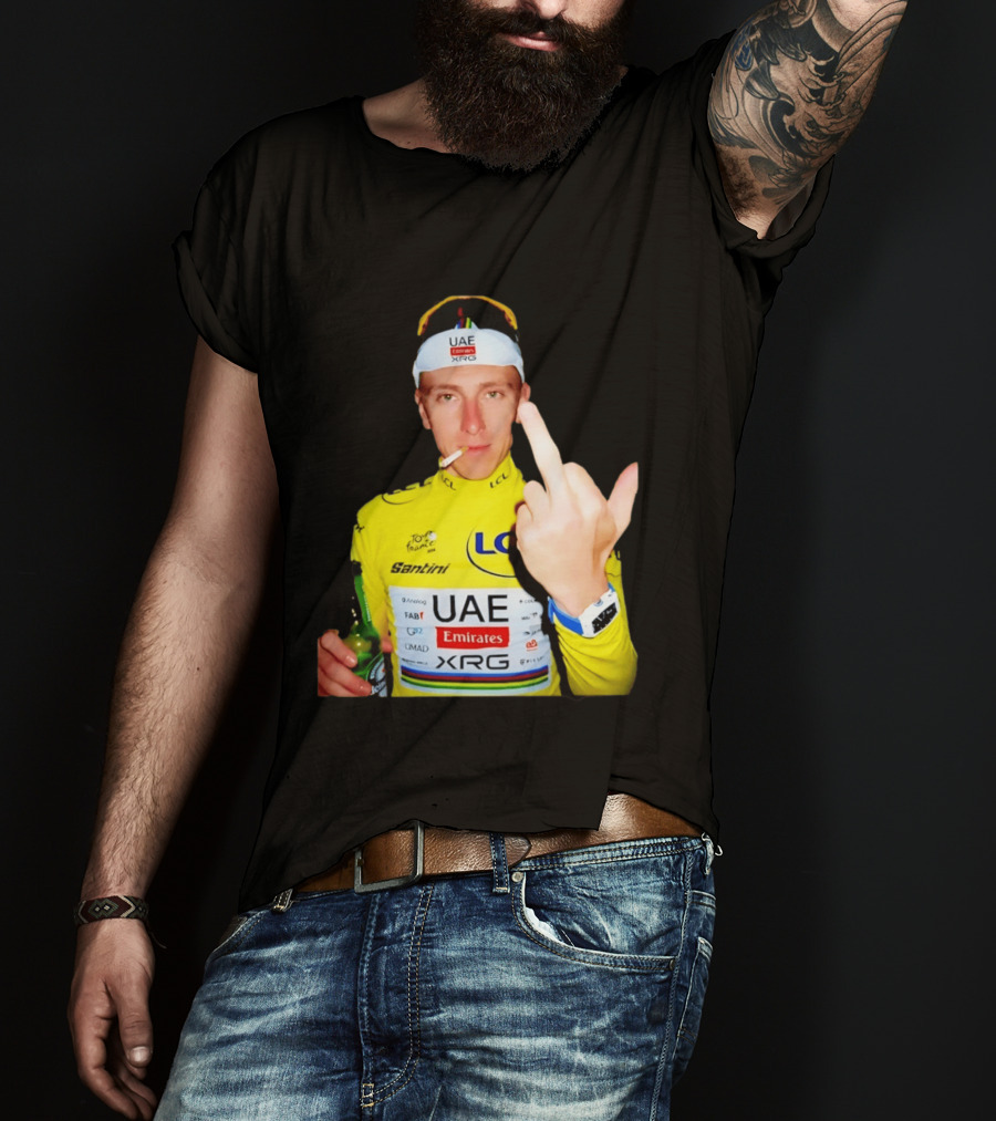 Tadej Pogačar Yellow Jersey Middle Finger Tour De France UAE Emirates LCL Santini T-Shirt