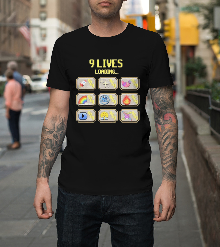 9 Lives Loading Rocket Cat Rainbow Fire Emoji Symbols Cvtscape Alleycvt T-Shirt
