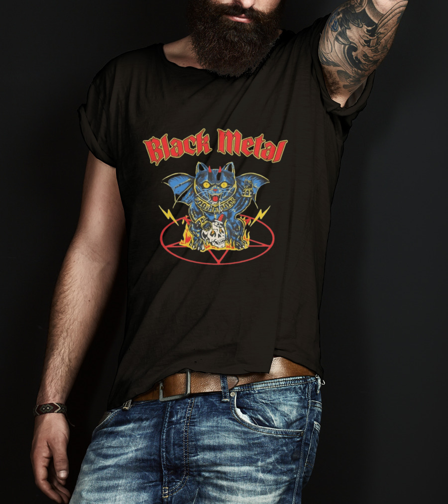 Black Metal Devil Cat Demon Wings Pentagram Fire Skull T-Shirt