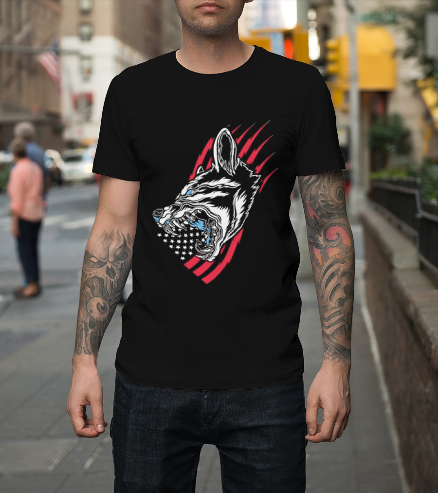 Wolf Snarling With Stars And Stripes American Flag T-Shirt