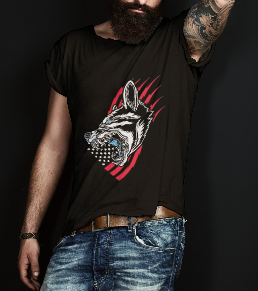 Wolf Snarling With Stars And Stripes American Flag T-Shirt