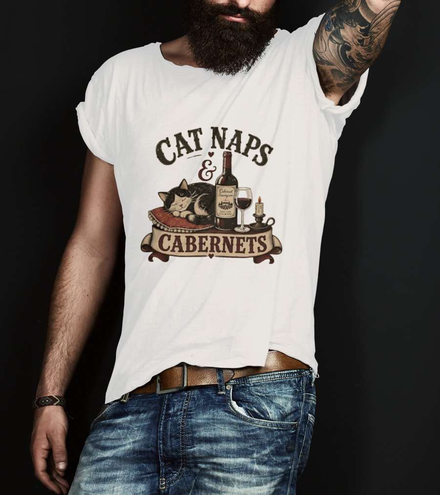 Cat Naps And Cabernet Sauvignon With Cozy Cat And Candle T-Shirt
