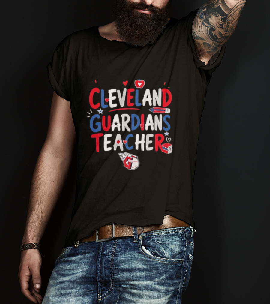 Cleveland Guardians Teacher Apple Pencil Baseball Heart Stars T-Shirt