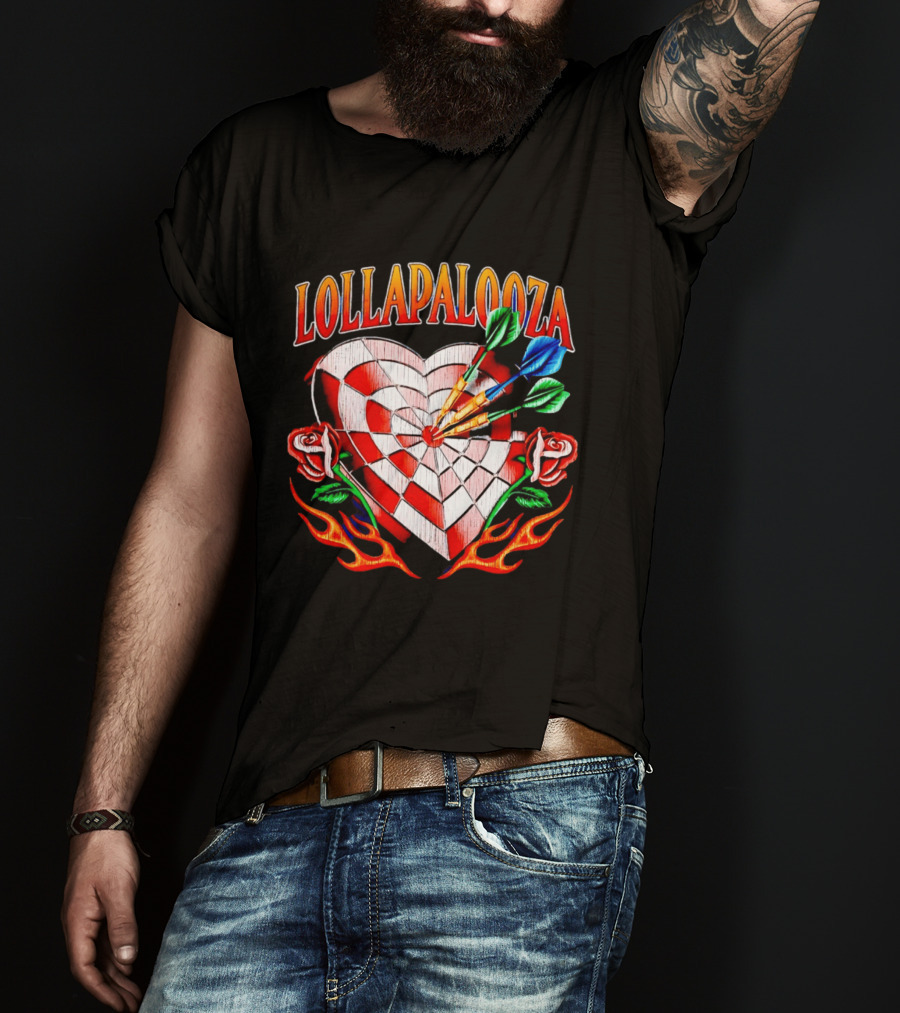 Lollapalooza Heart Dartboard With Roses And Flames T-Shirt