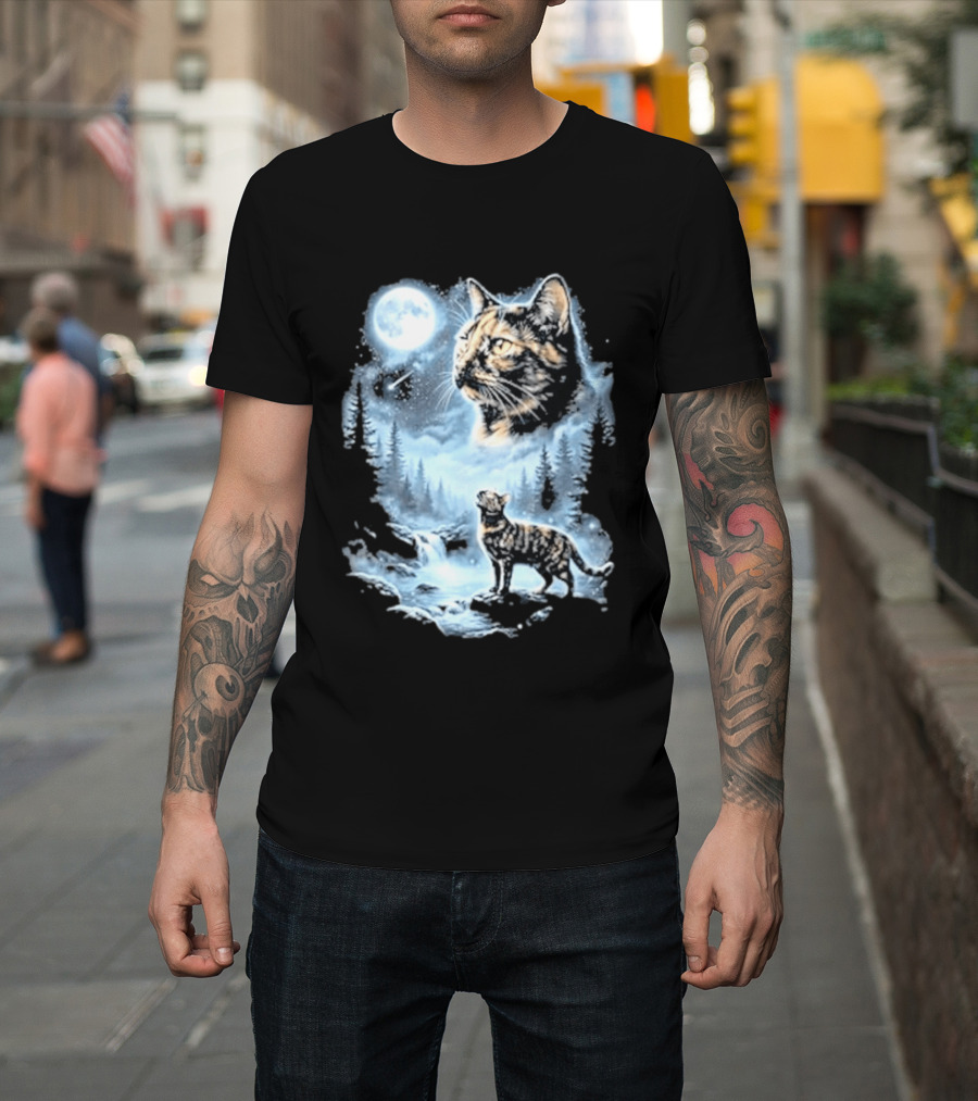 Tabby Cat Howling To The Moon Halloween Forest Scene T-Shirt