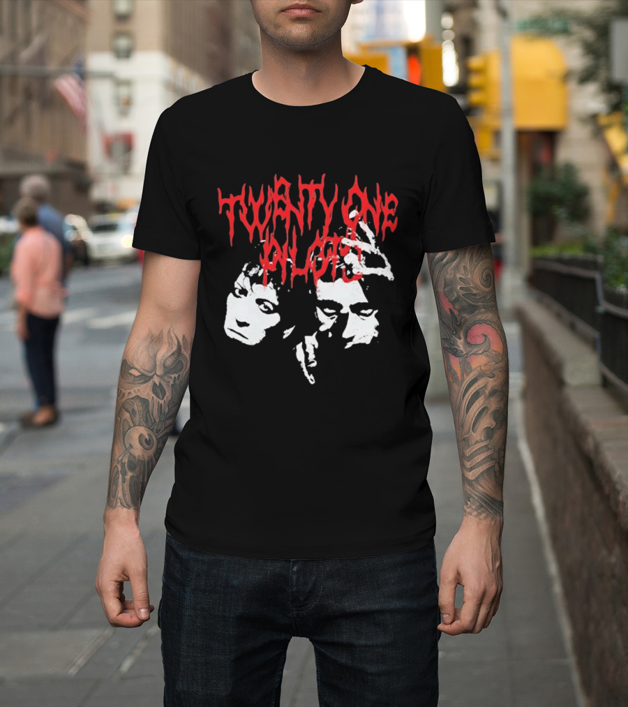 Twenty One Pilots Red Text Band Members Faces Dark Metal T-Shirt