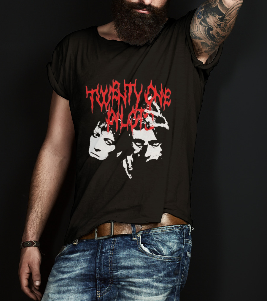 Twenty One Pilots Red Text Band Members Faces Dark Metal T-Shirt