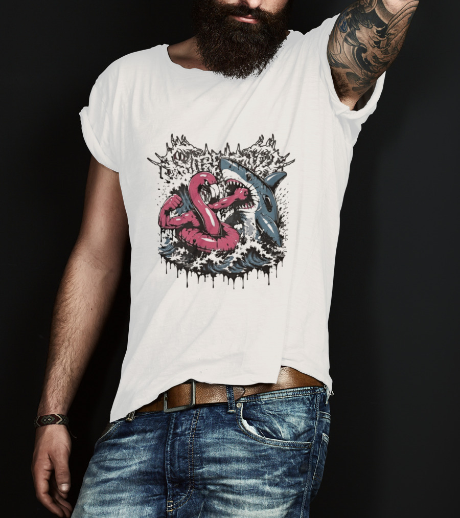 Flamingo Float Shark Fight Waves Duel T-Shirt