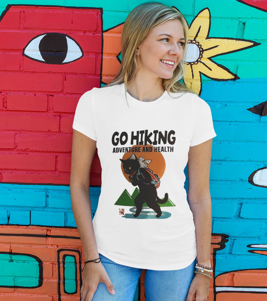 Go Hiking Adventure And Health Black Cat With Backpack And Bird T-Shirt