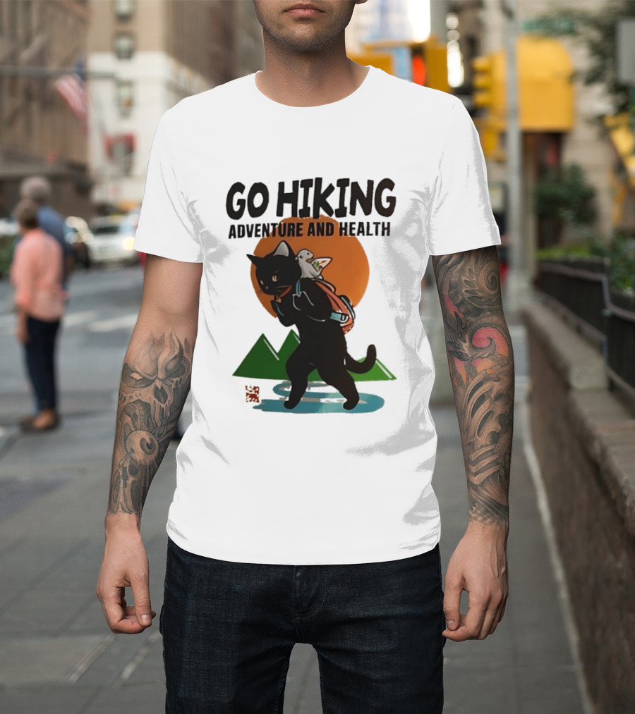 Go Hiking Adventure And Health Black Cat With Backpack And Bird T-Shirt