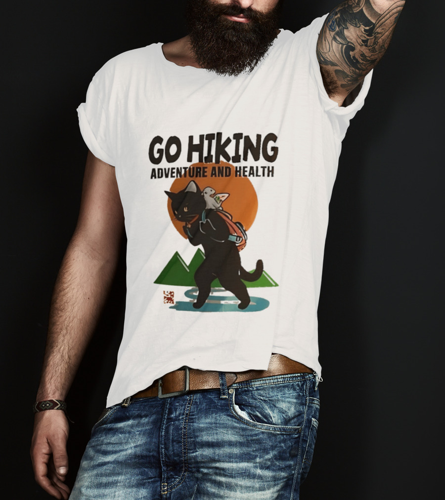 Go Hiking Adventure And Health Black Cat With Backpack And Bird T-Shirt