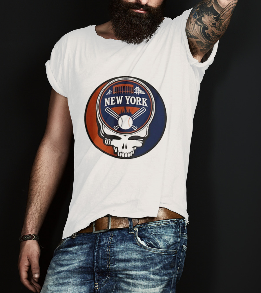 New York Mets Grateful Dead Skull Baseball Orange Blue Stadium T-Shirt
