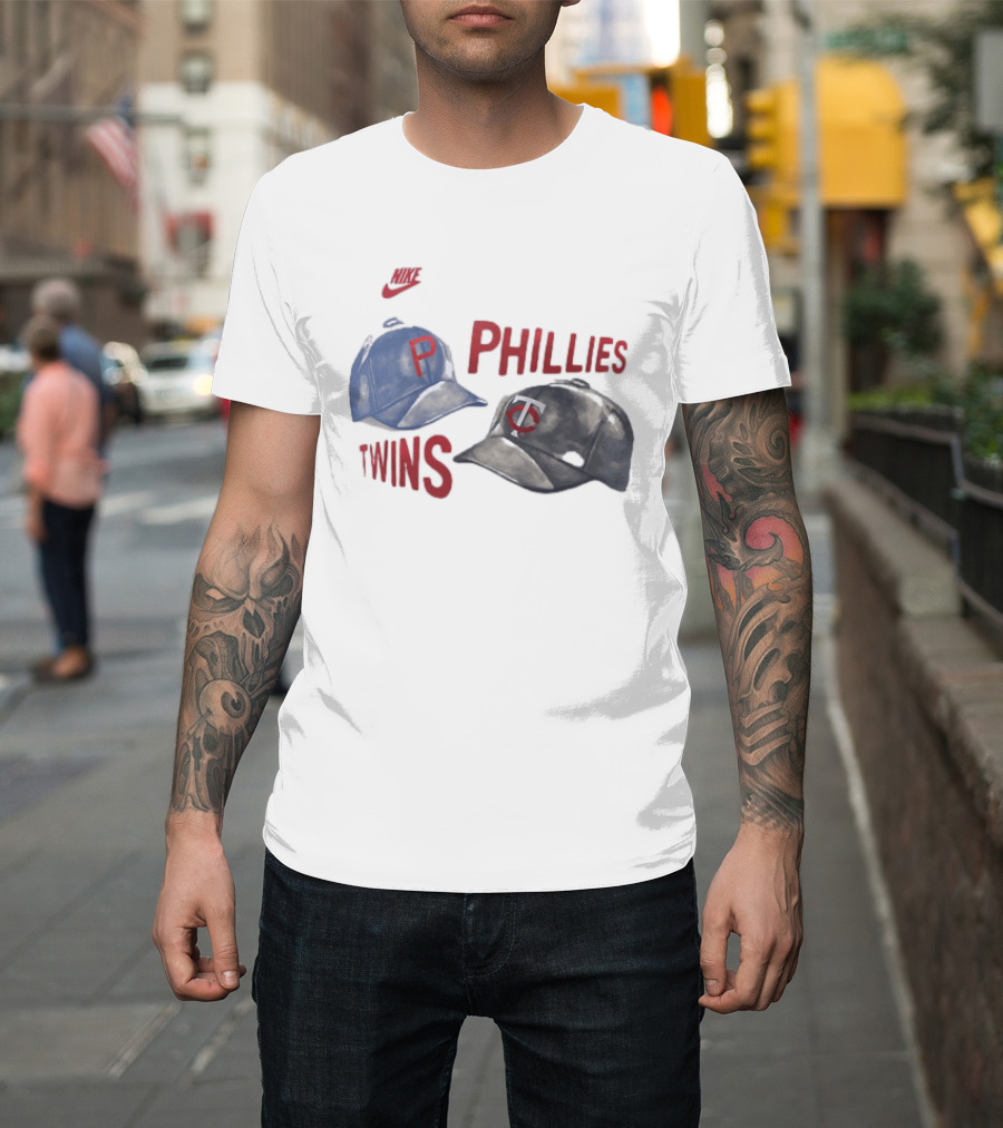 Philadelphia Phillies P Baseball Cap And Minnesota Twins TC Hat Iconic Collaboration With Retro Nike Swoosh T-Shirt