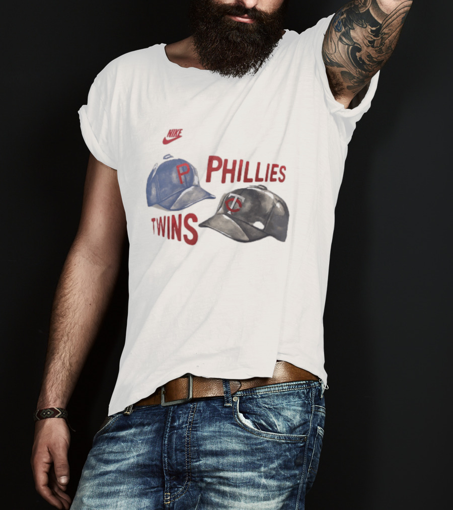 Philadelphia Phillies P Baseball Cap And Minnesota Twins TC Hat Iconic Collaboration With Retro Nike Swoosh T-Shirt