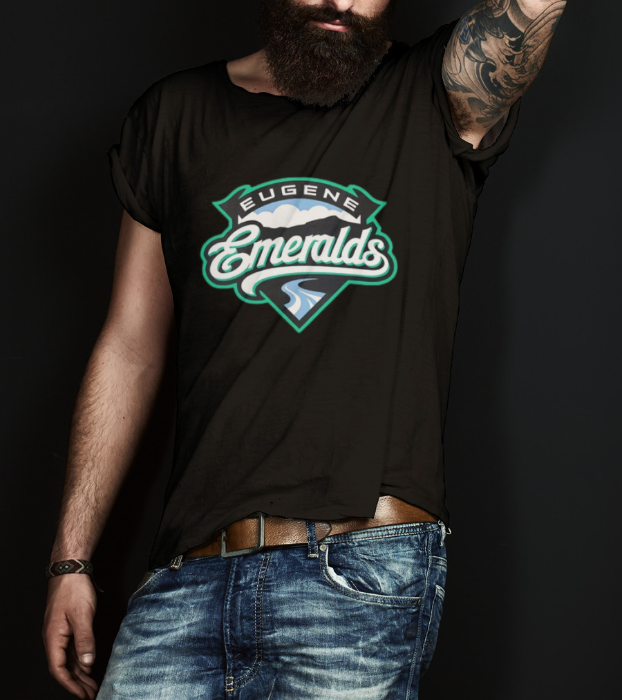 Eugene Emeralds Baseball Team Green Crest With Mountains And River Motif T-Shirt