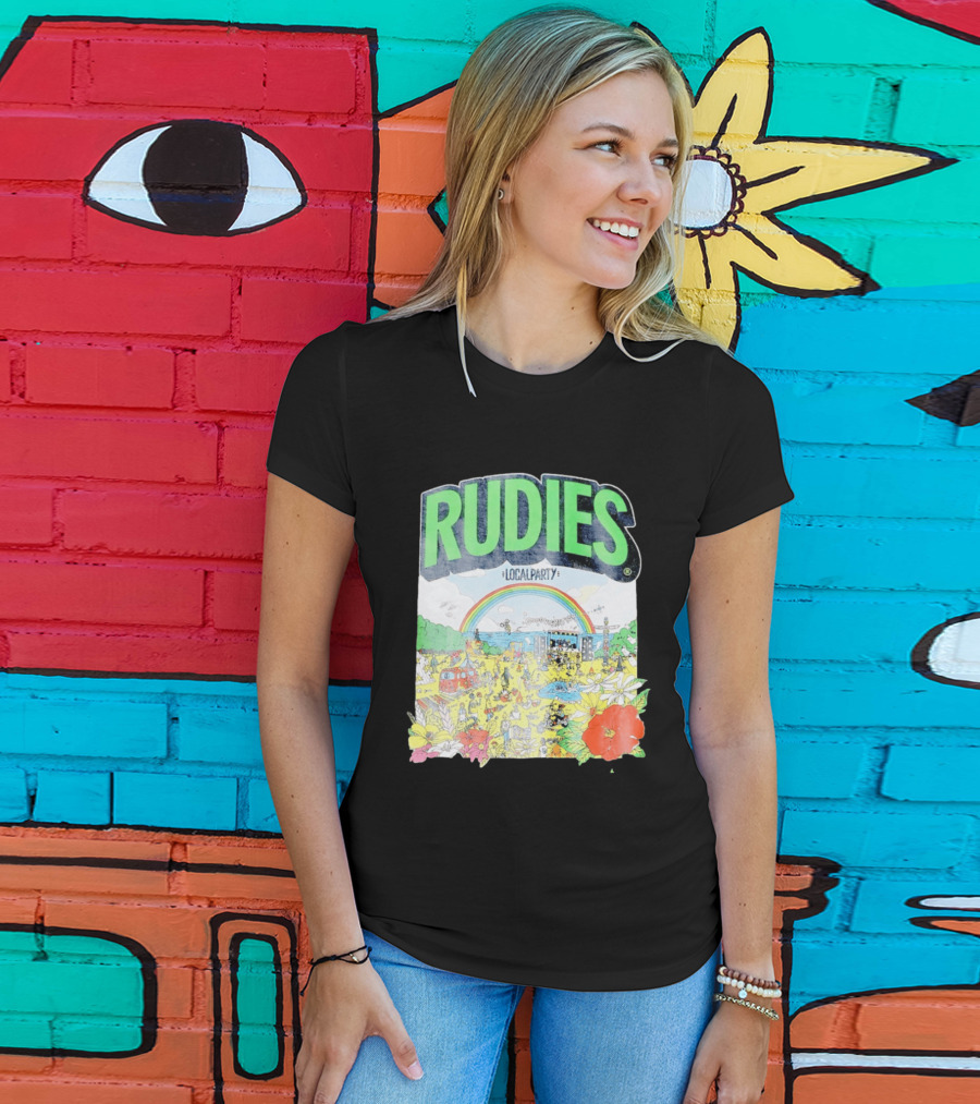 Rudie's 35th Anniversary Local Party Featuring 10 Feet G Freak Factory Dustboz Colorful Celebration With Rainbow And Flowers T-Shirt