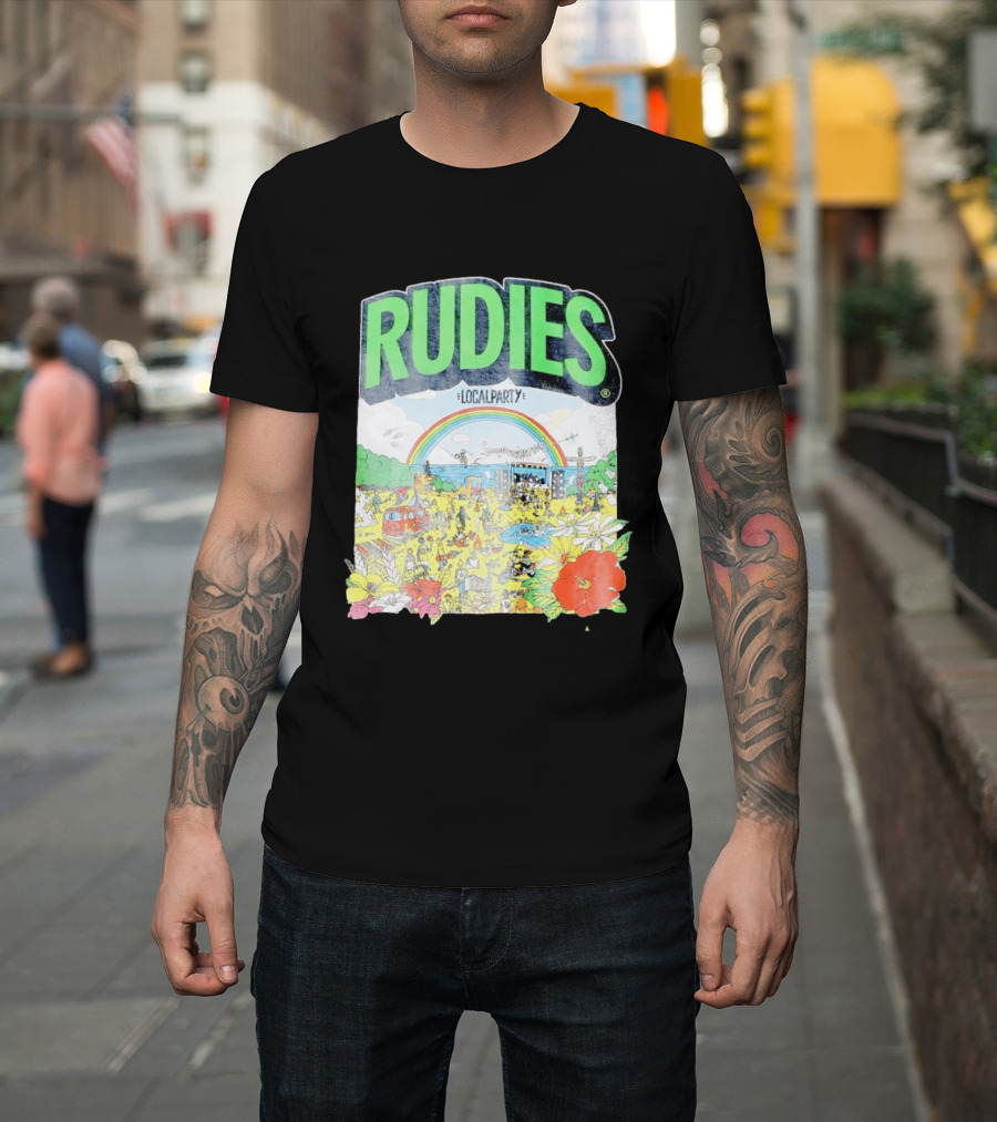 Rudie's 35th Anniversary Local Party Featuring 10 Feet G Freak Factory Dustboz Colorful Celebration With Rainbow And Flowers T-Shirt