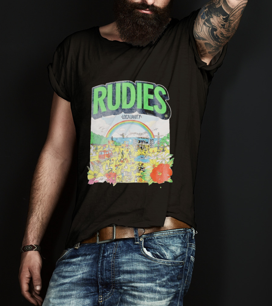 Rudie's 35th Anniversary Local Party Featuring 10 Feet G Freak Factory Dustboz Colorful Celebration With Rainbow And Flowers T-Shirt